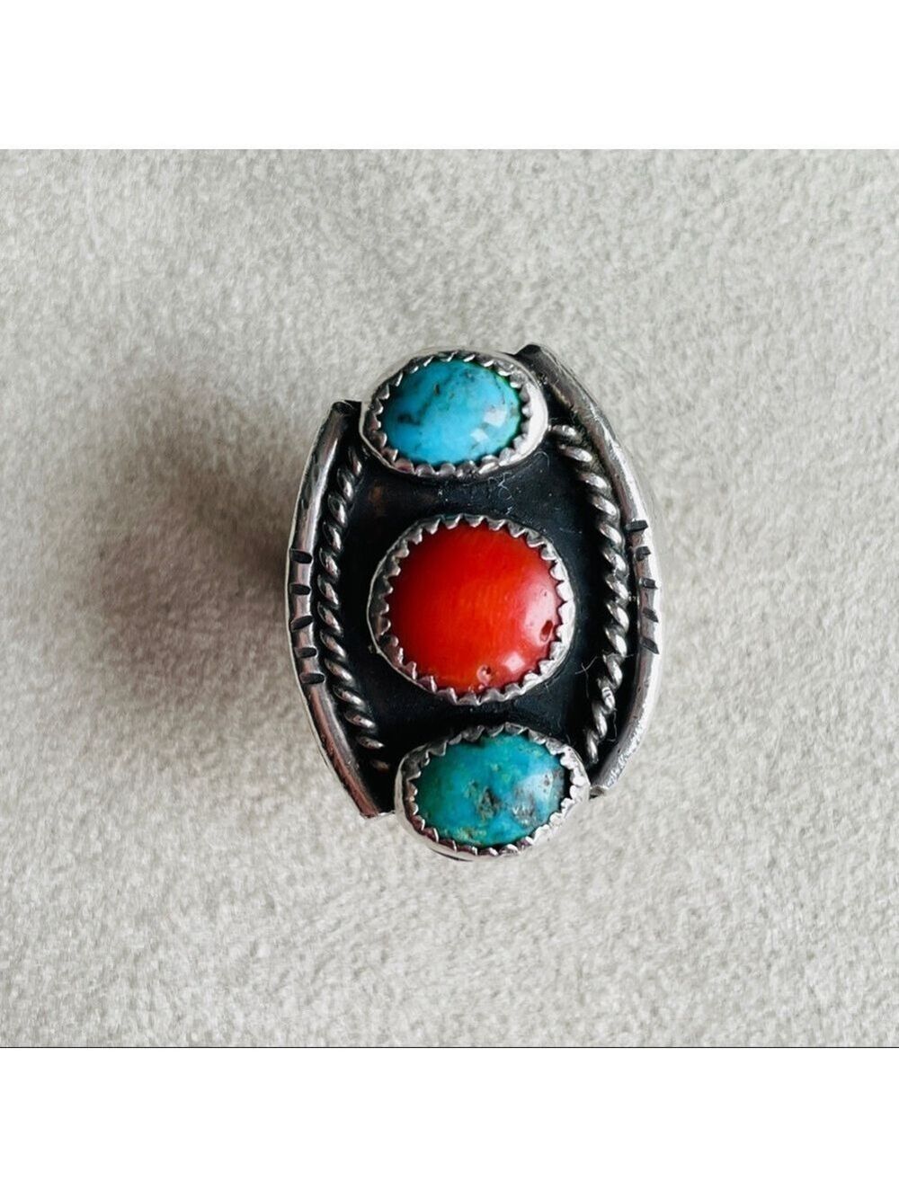 Native American Turquoise And Coral Sterling Silver Old Pawn Men’s HUGE … - Picture 5 of 8